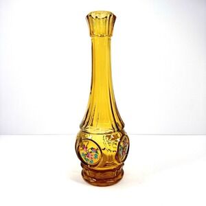 Vintage Amber Glass Bud Vase Hand Painted Floral Medallions Tall Narrow